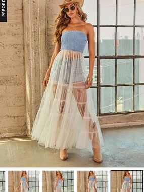 VICI Leannie Smocked Chambray Tulle Top